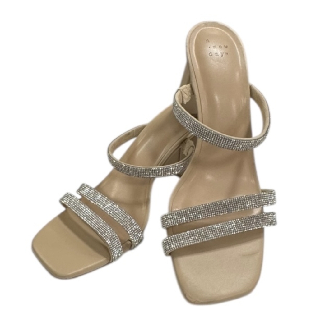 A. New Day Slingback sandals with straps and heels, size 9.5 US,  with glitter